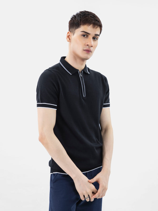 Black Flat Knit Polo With Zipper