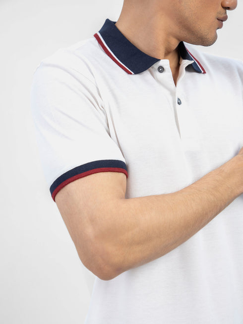 White Pique Polo With Contrasting Navy Collar