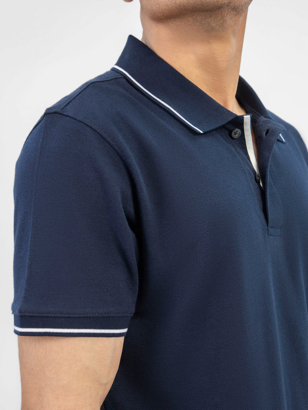 Navy Blue Pique Polo With White Tipped Collar