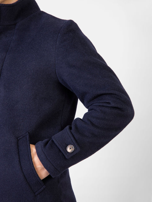 Navy Blue Wool Blended Long Coat