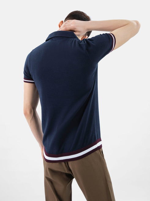 Navy Blue Flat Knit Polo With Contrasting Rib