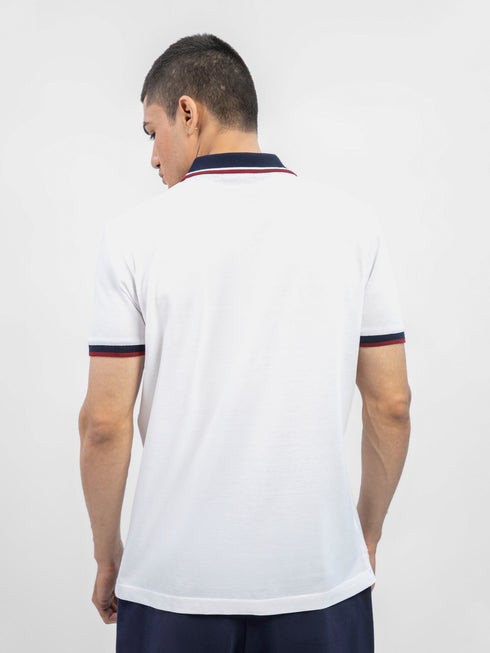 White Pique Polo With Contrasting Navy Collar