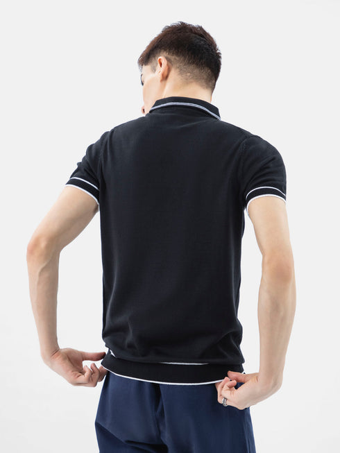 Black Flat Knit Polo With Zipper