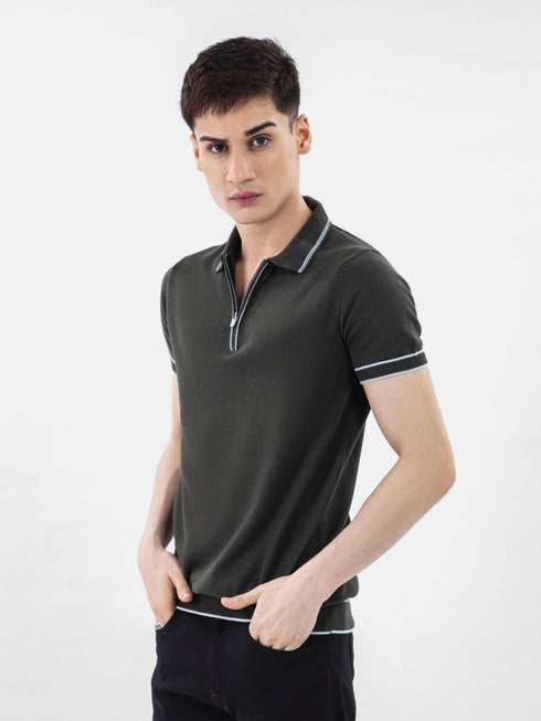 Olive Green Flat Knit Polo With Zipper