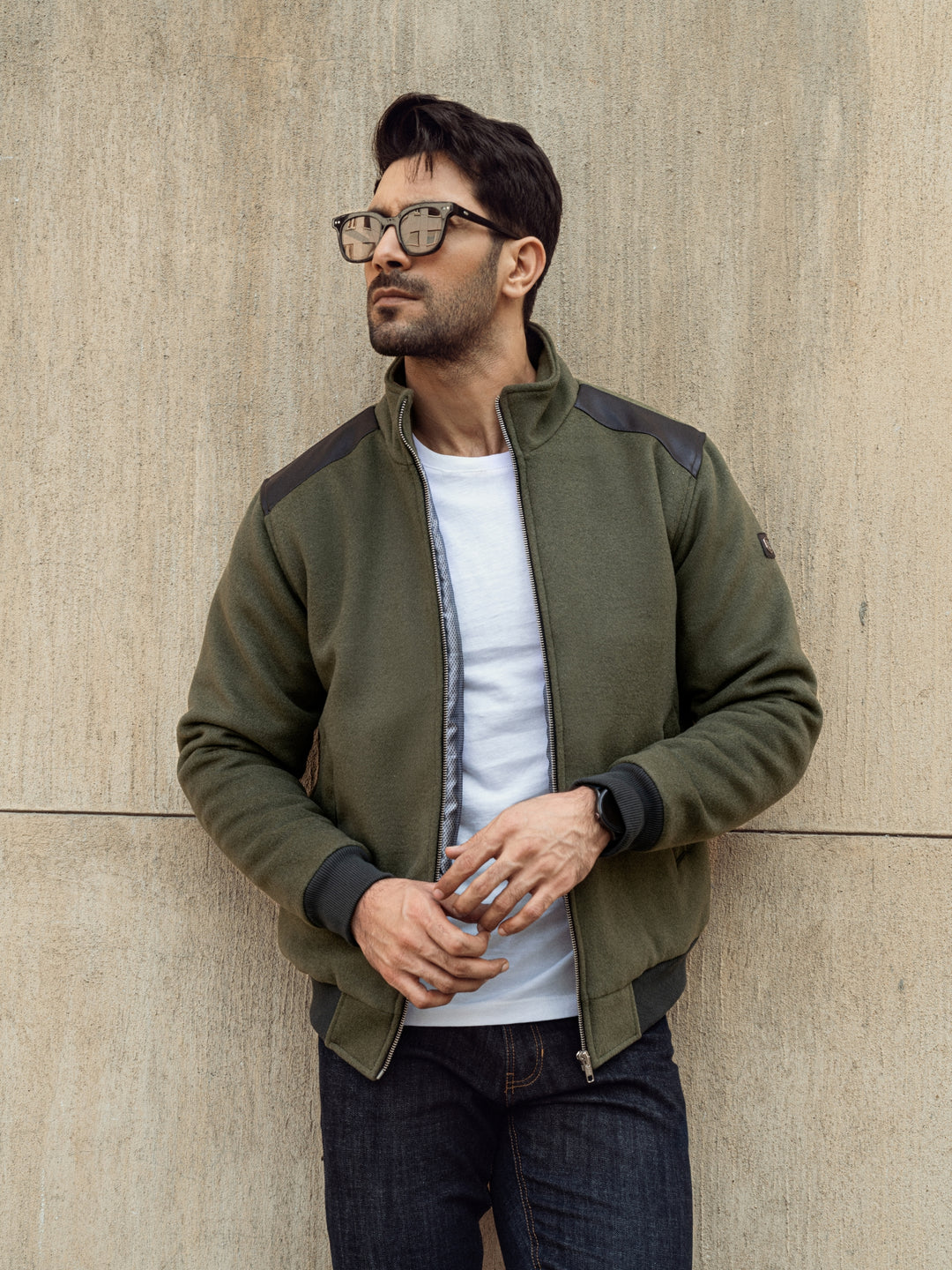 Olive green woolen quilted jacket brumano pakistan