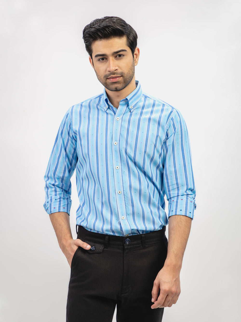 Aqua blue striped button down shirt bumano pakistan