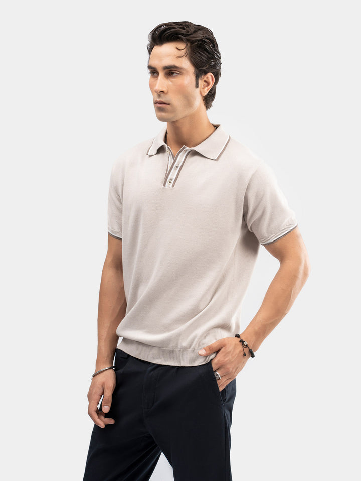 Beige Flat Knit Polo With Contrating Placket