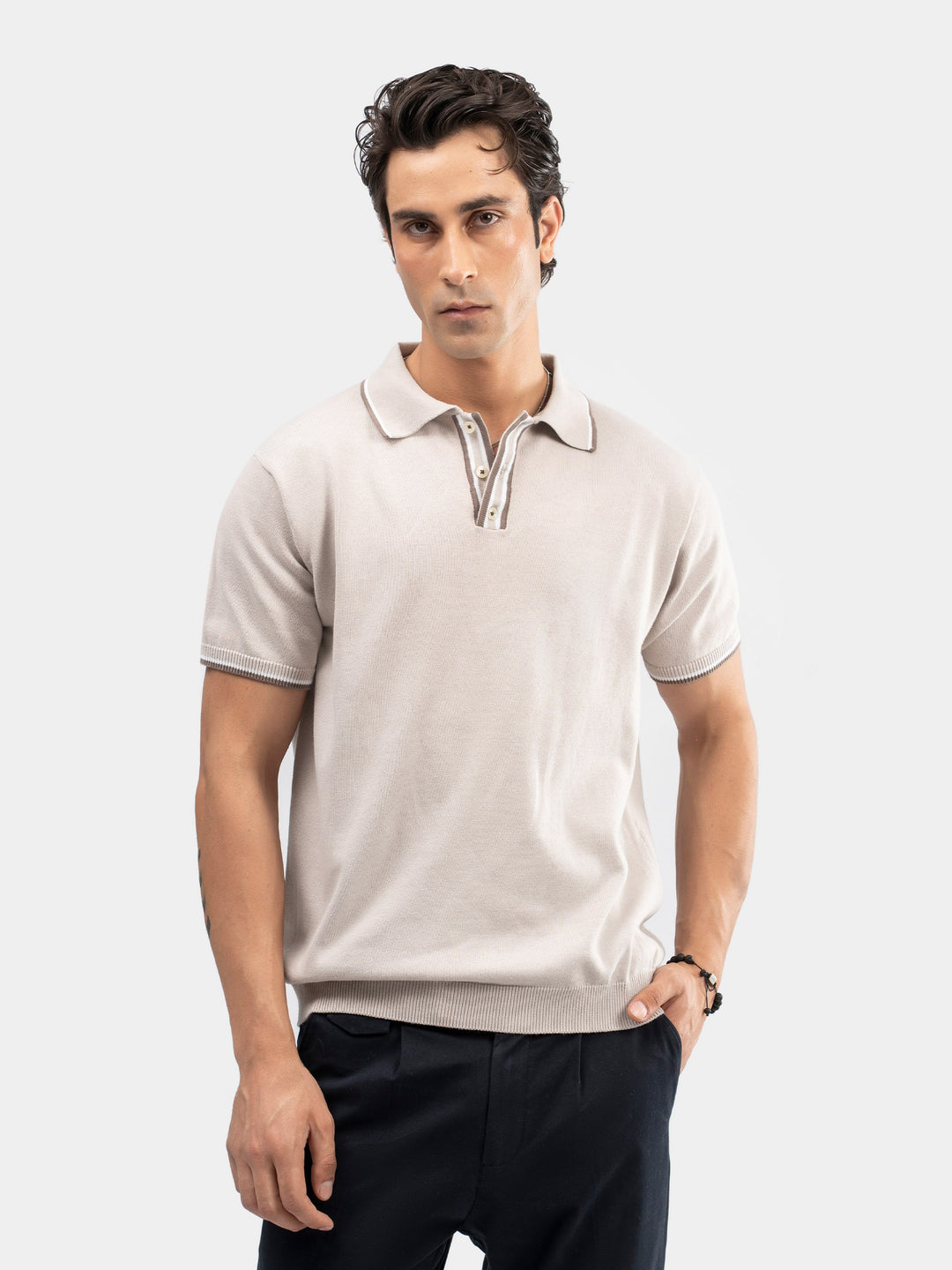 Beige flat knit polo with contrating placket brumano1