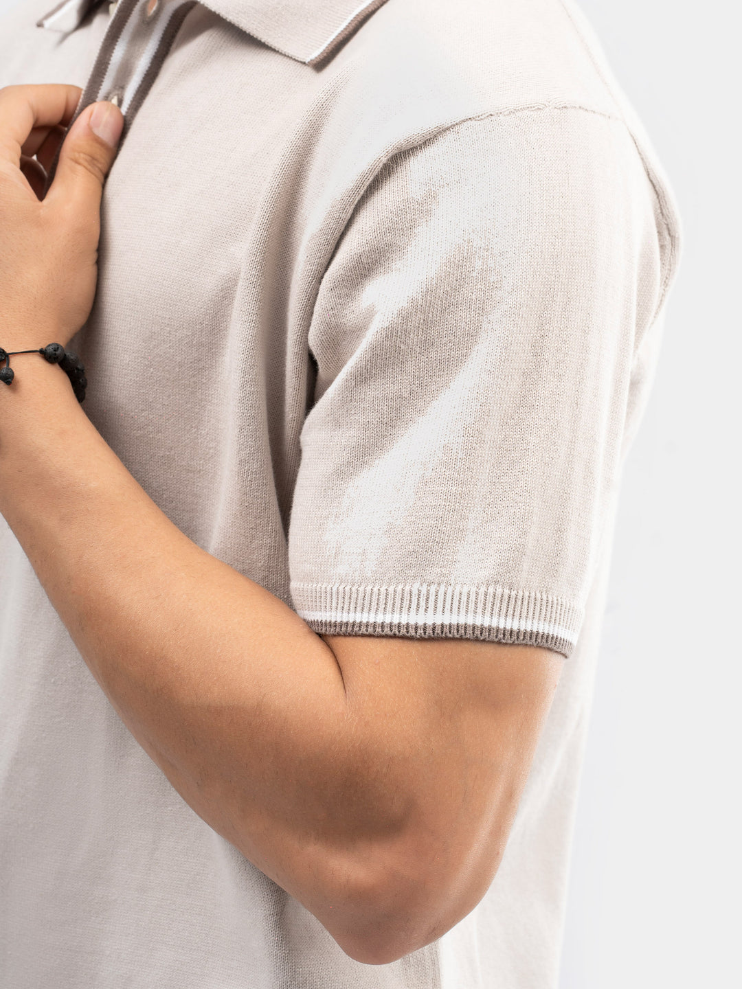 Beige Flat Knit Polo With Contrating Placket