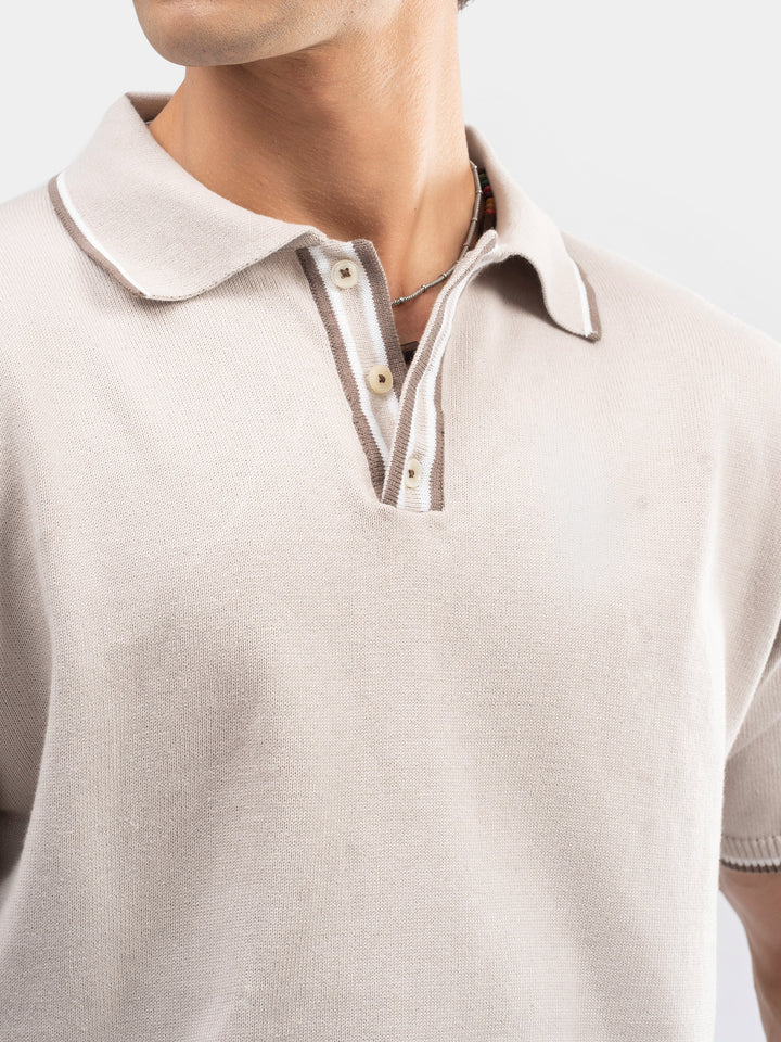 Beige Flat Knit Polo With Contrating Placket