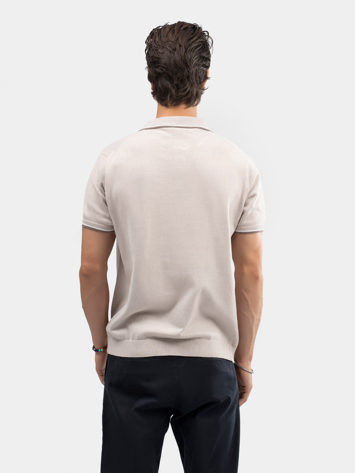 Beige Flat Knit Polo With Contrating Placket