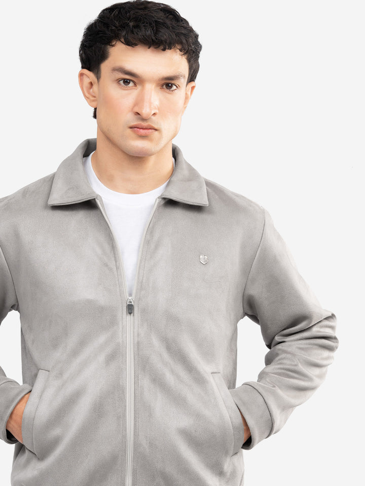  Close up of casual collar detail on beige jacket