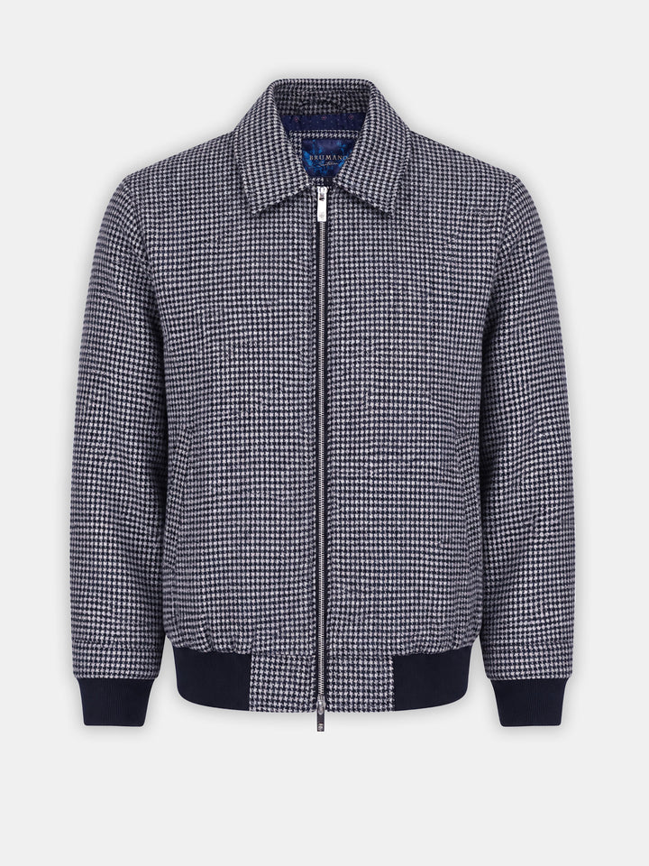 Beige & Blue Houndstooth Patterned Wool & Cashmere Blended Jacket - Sartoria