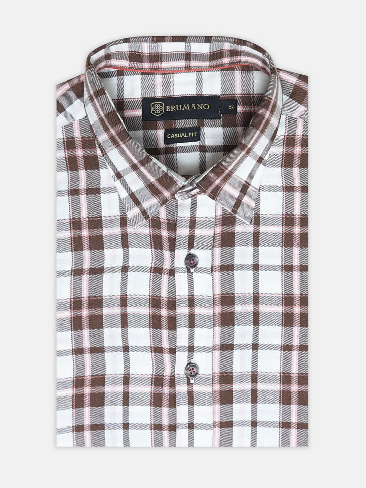 Beige & Brown Checkered Inside Button Down Collar Shirt