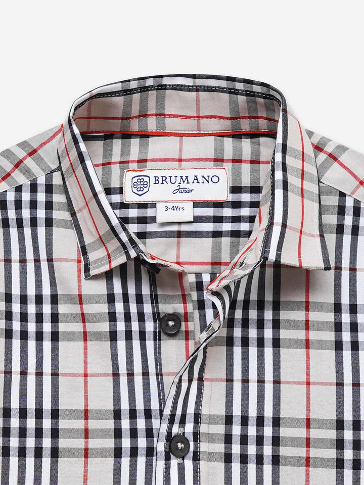 Beige Large Checkered Long Sleeve Shirt - Junior