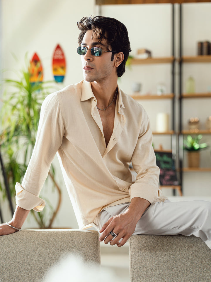 Brumano men's beige linen blended shirt