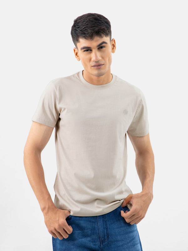 Beige 100% Combed Cotton Crew Neck T-Shirt Brumano Pakistan