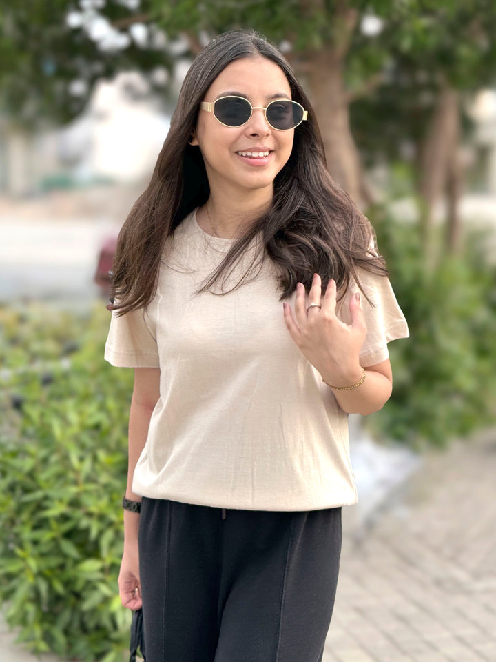 Beige 100% Cotton Basic Tee - Women