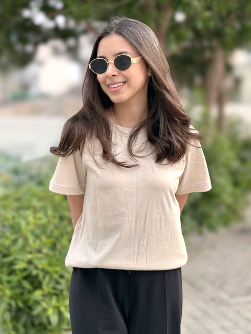 Beige 100% Cotton Basic Tee - Women