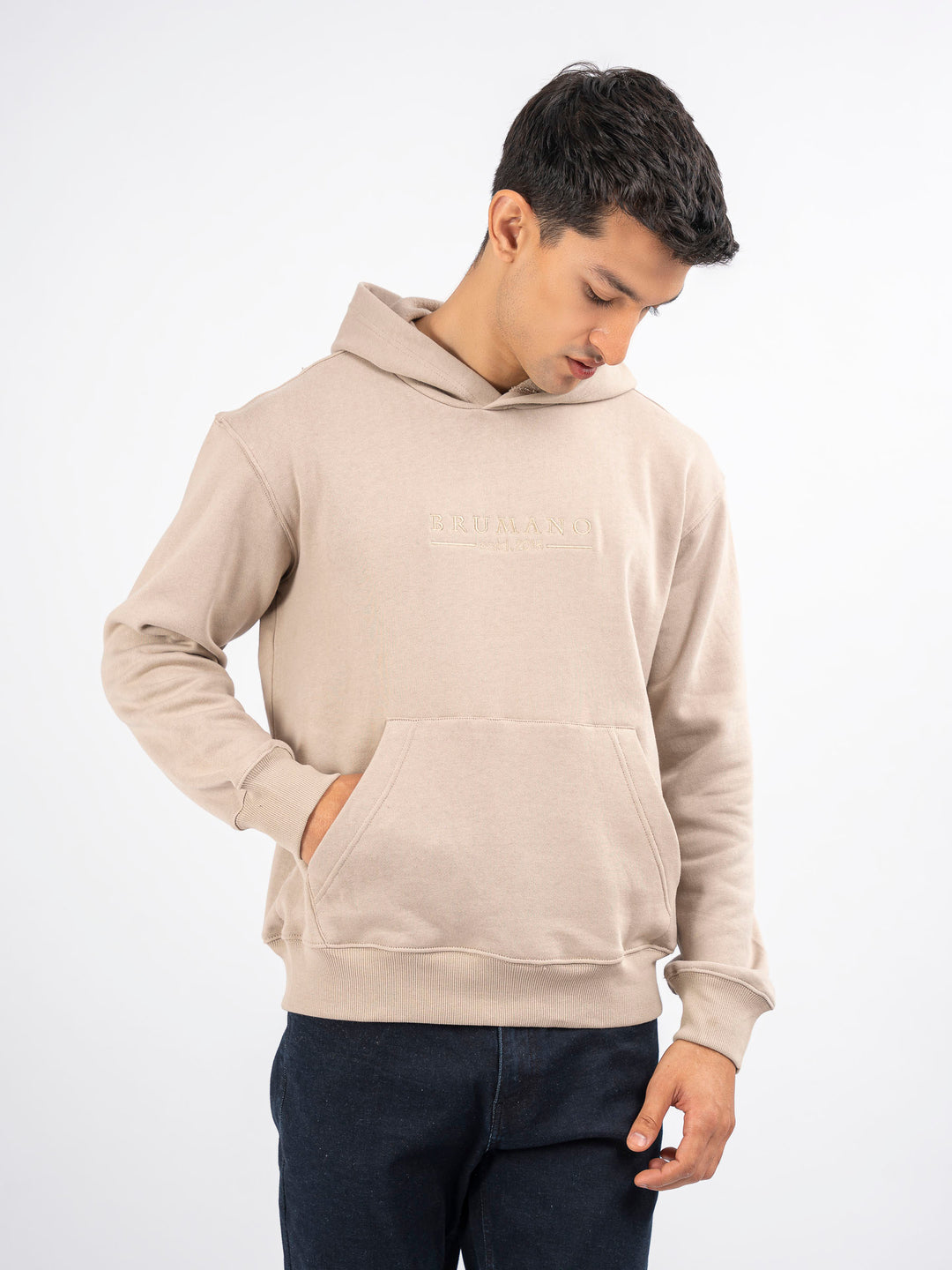 Beige Embroidered Relaxed Fit Hoodie