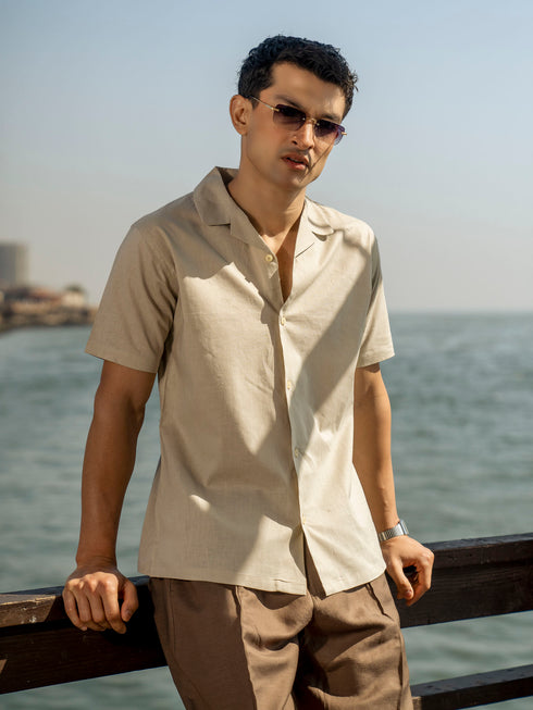 Beige Linen Blended Half Sleeve Cuban Collar Shirt