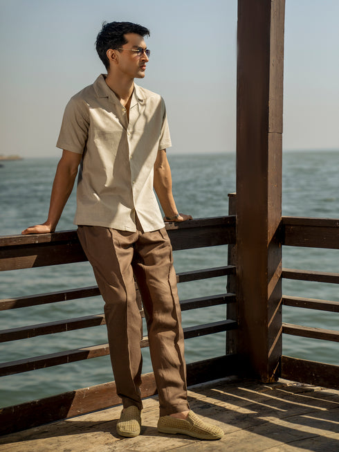 Beige Linen Blended Half Sleeve Cuban Collar Shirt