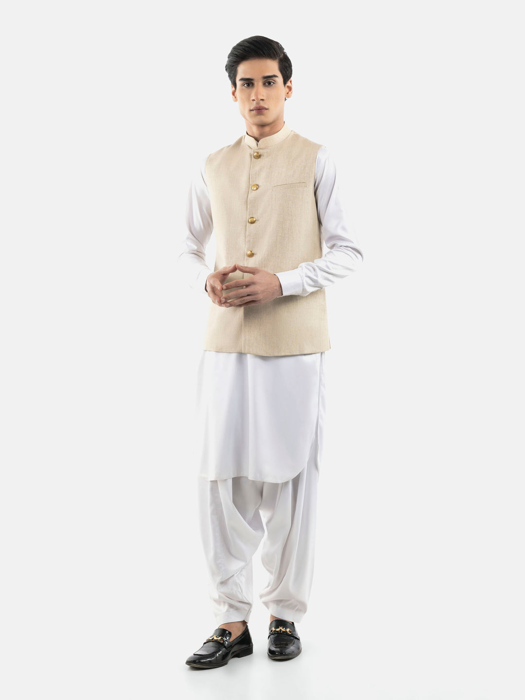 Beige Linen Blended Waistcoat With Golden Buttons Brumano Pakistan