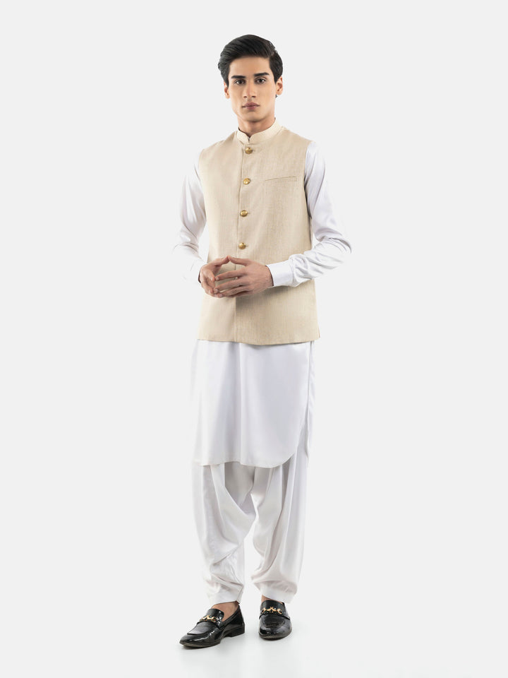 Beige Linen Blended Waistcoat With Golden Buttons Brumano Pakistan