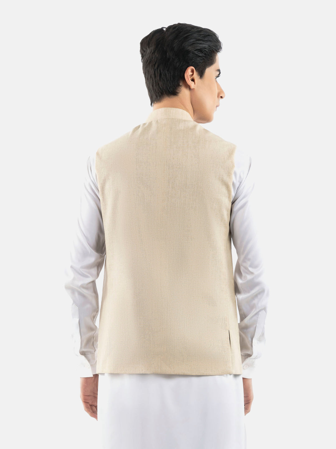 Beige Linen Blended Waistcoat With Golden Buttons Brumano Pakistan