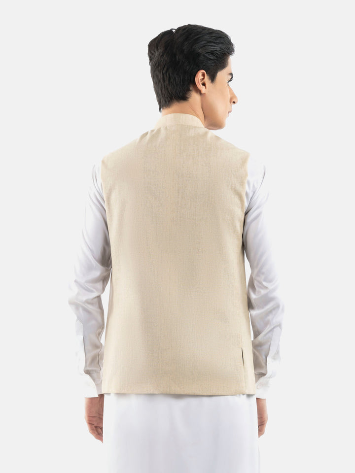 Beige Linen Blended Waistcoat With Golden Buttons Brumano Pakistan