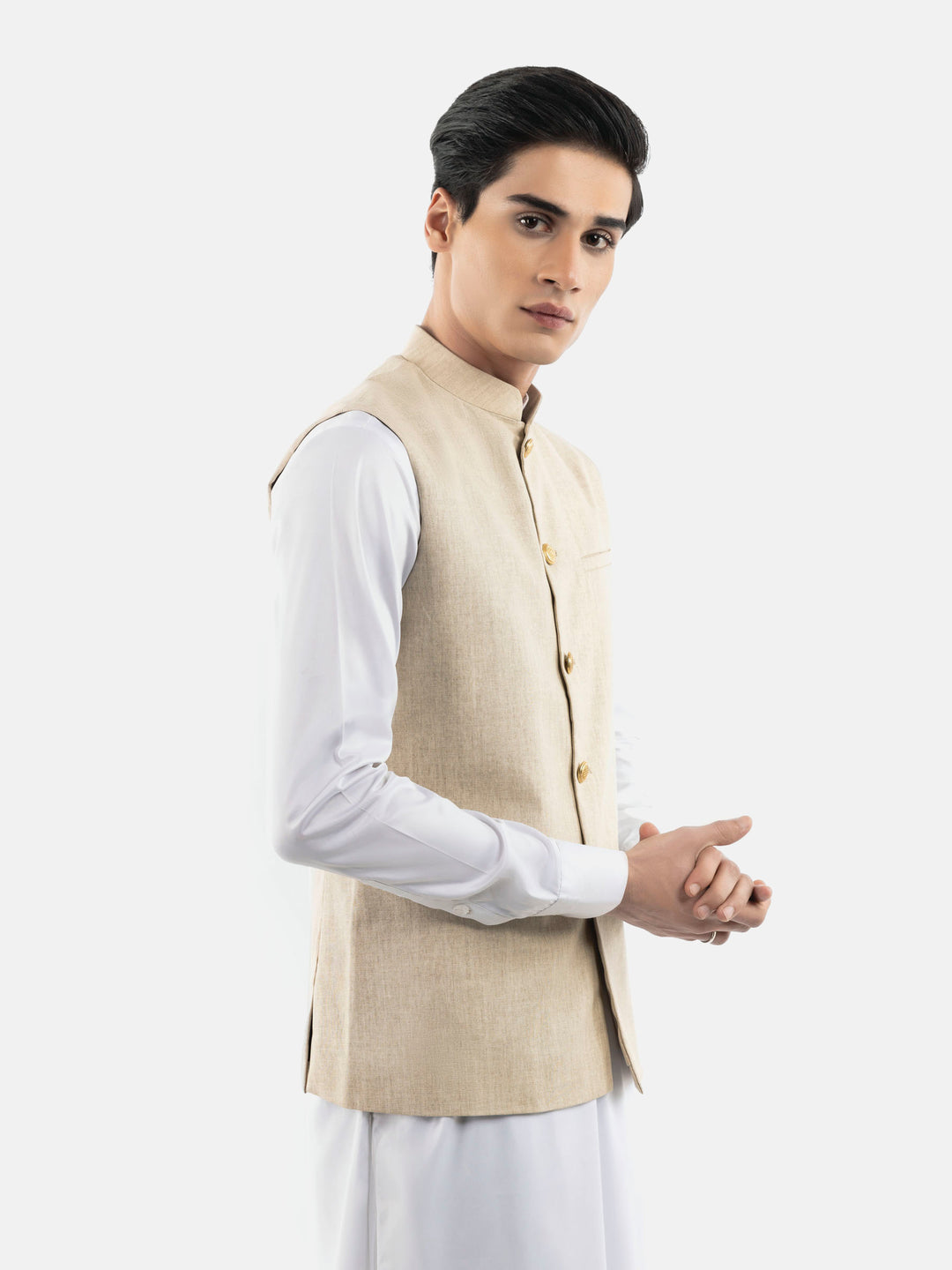 Beige Linen Blended Waistcoat With Golden Buttons Brumano Pakistan