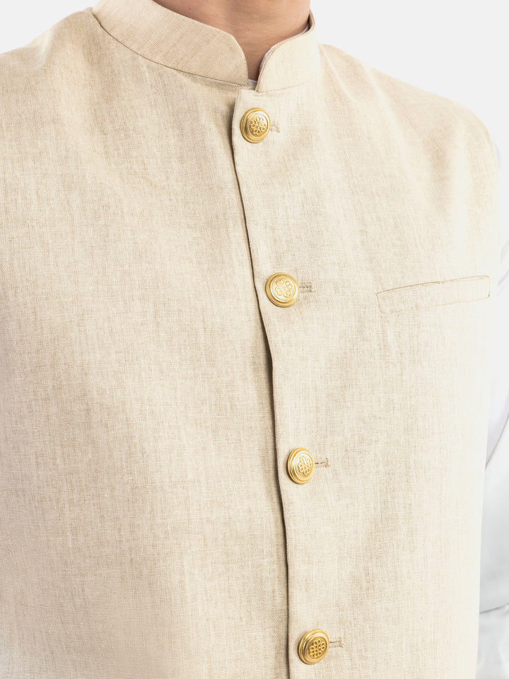 Beige Linen Blended Waistcoat With Golden Buttons Brumano Pakistan