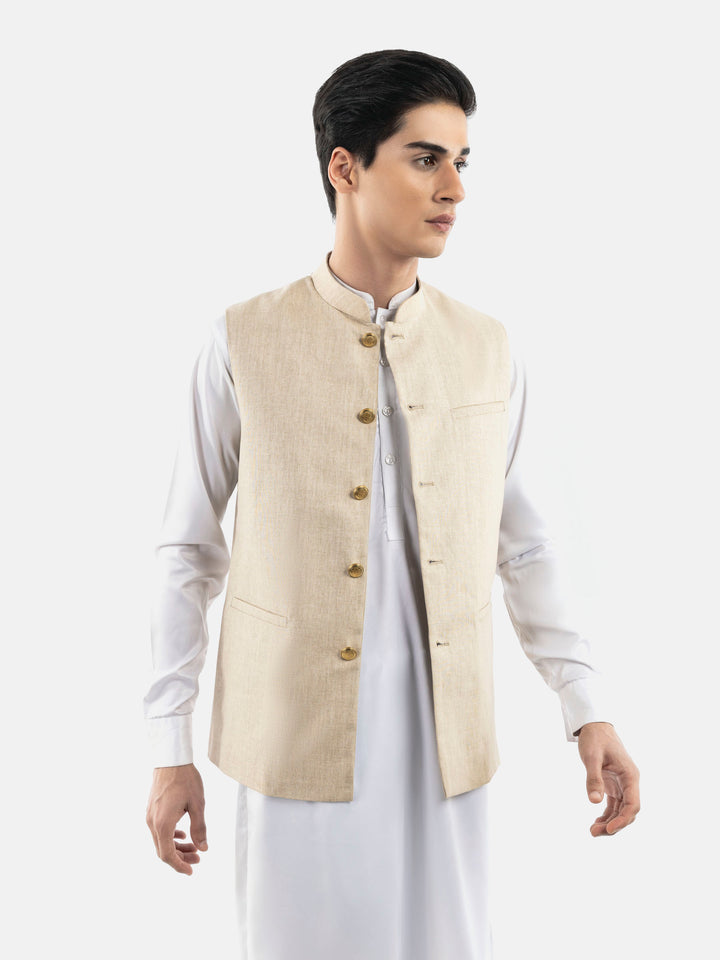 Beige Linen Blended Waistcoat With Golden Buttons Brumano Pakistan