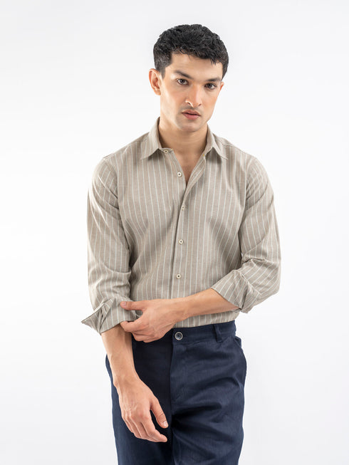 Beige Linen Striped Oxford Shirt