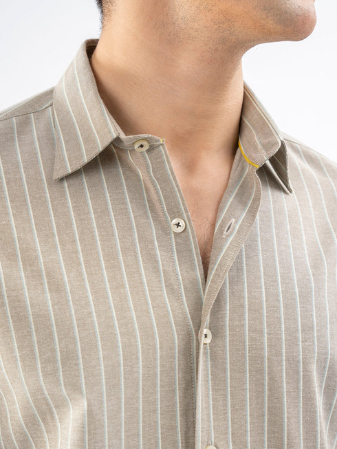 Beige Linen Striped Oxford Shirt