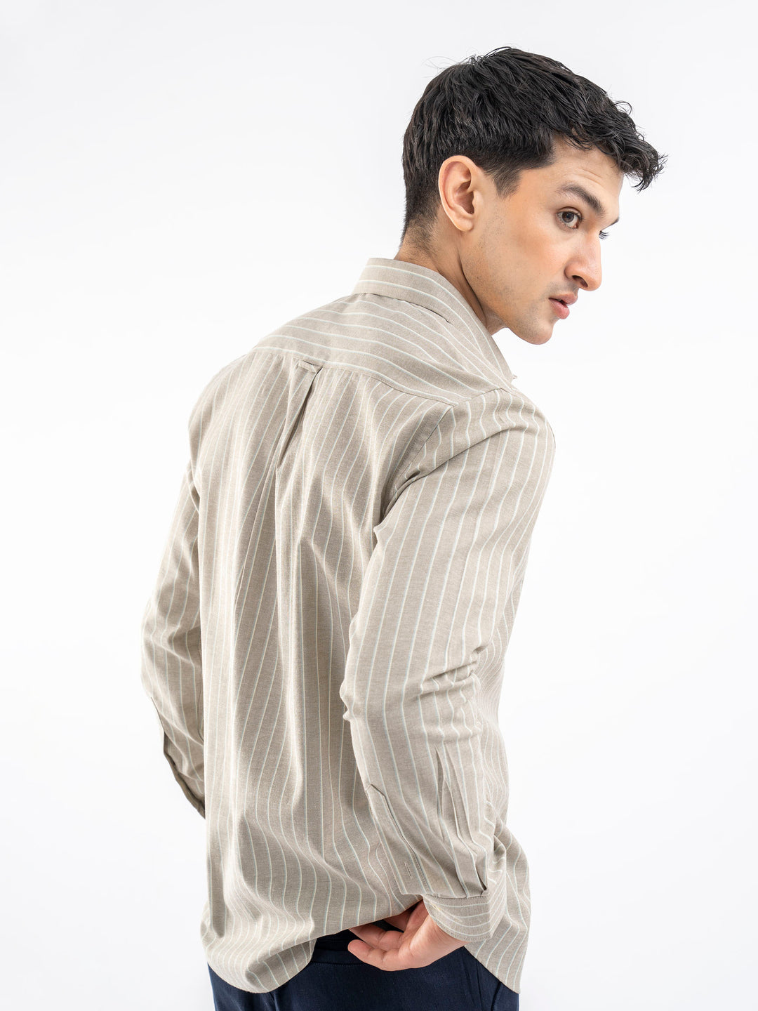 Beige Linen Striped Oxford Shirt