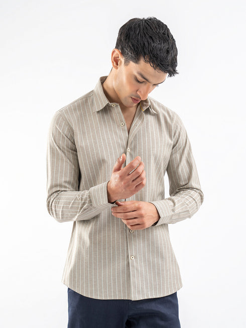 Beige Linen Striped Oxford Shirt