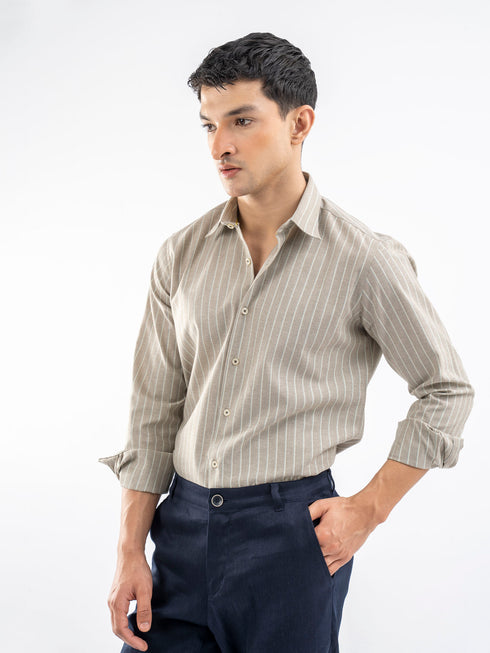 Beige Linen Striped Oxford Shirt