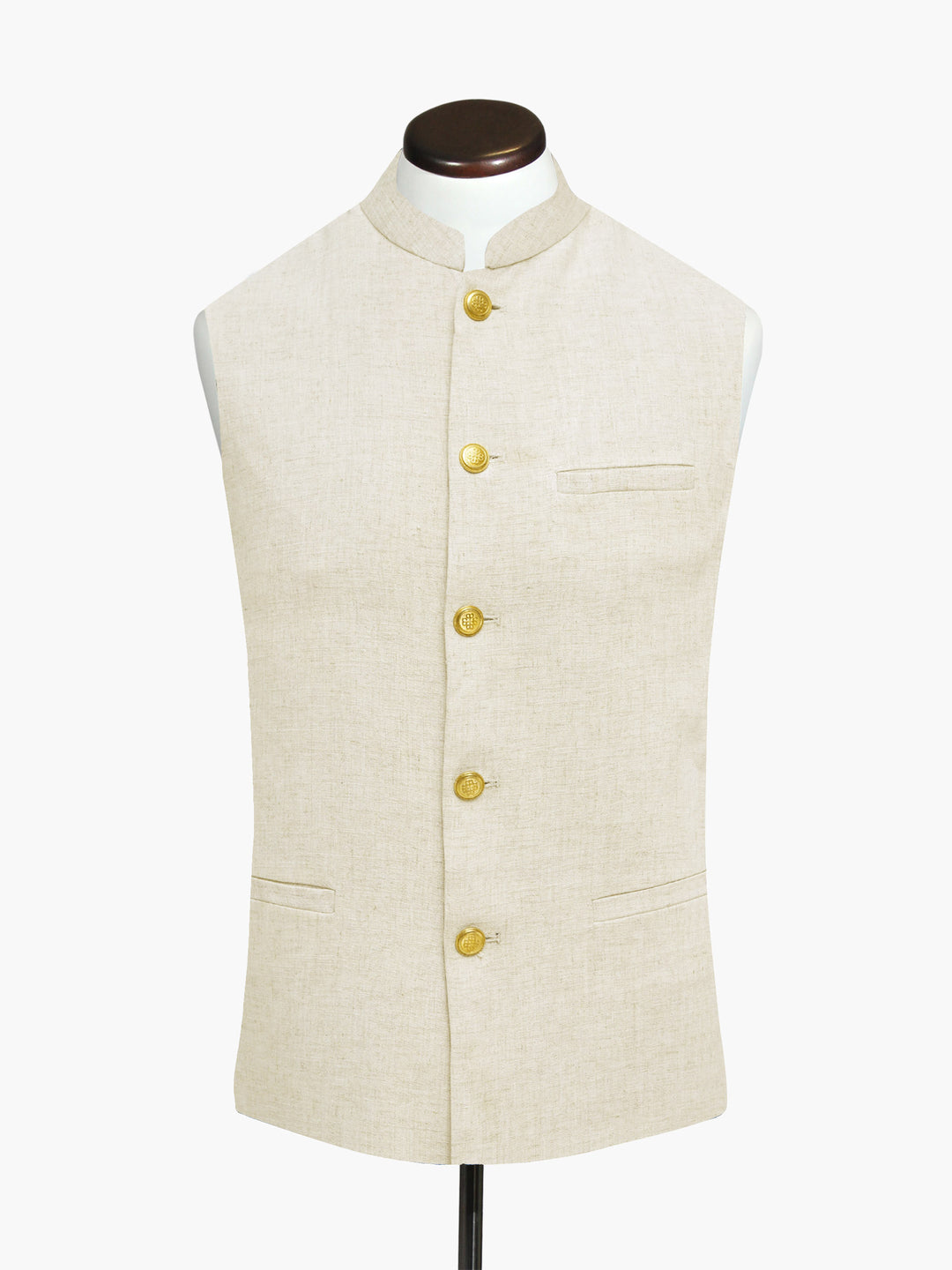 Beigelinenwaistcoatwithgoldenbuttons sartoriabrumanopakistan
