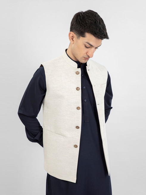 Beige Linen Waistcoat With Metal Buttons