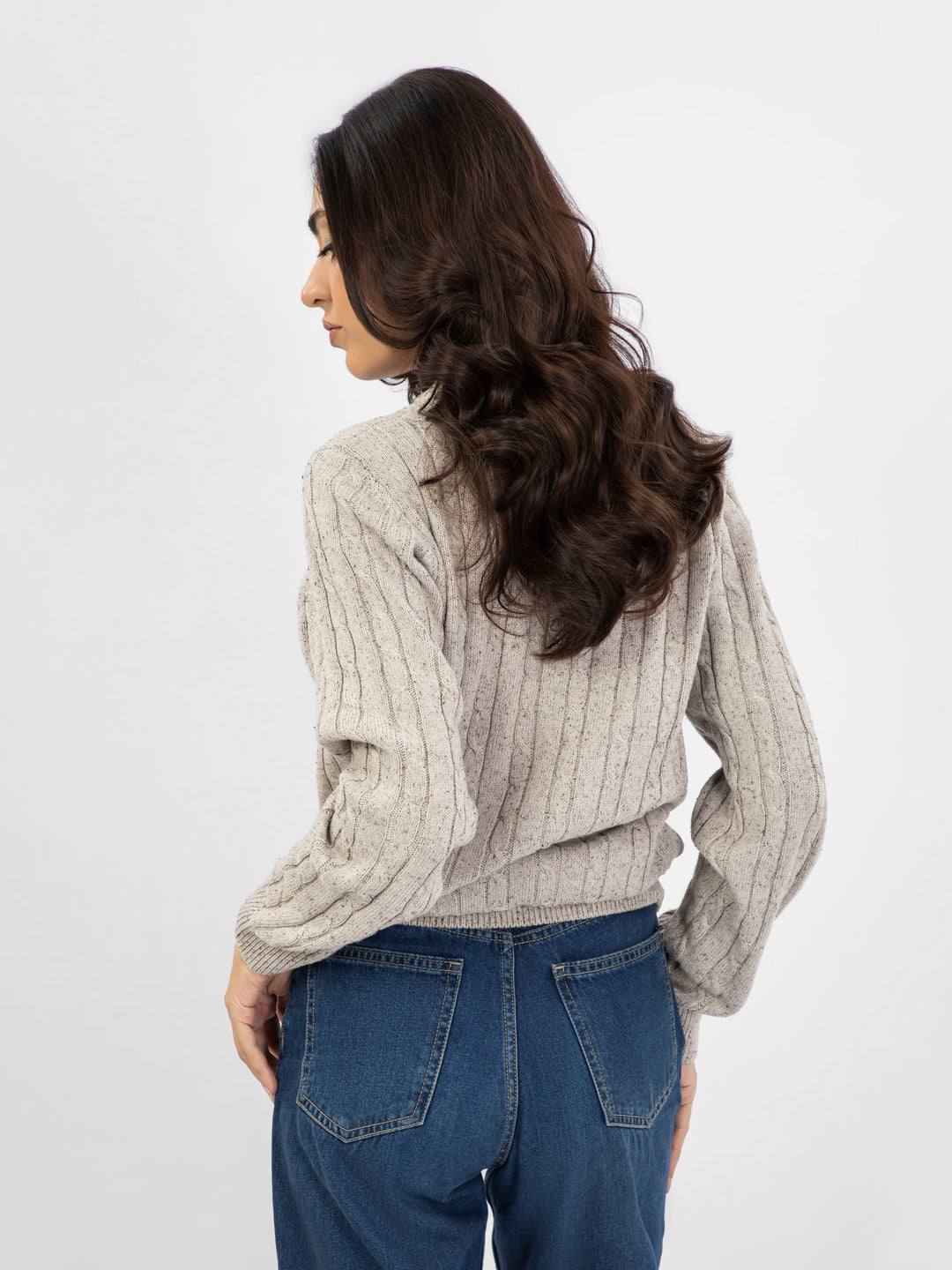 Beige Neppy Cable Knitted Crew Neck Jumper - Women