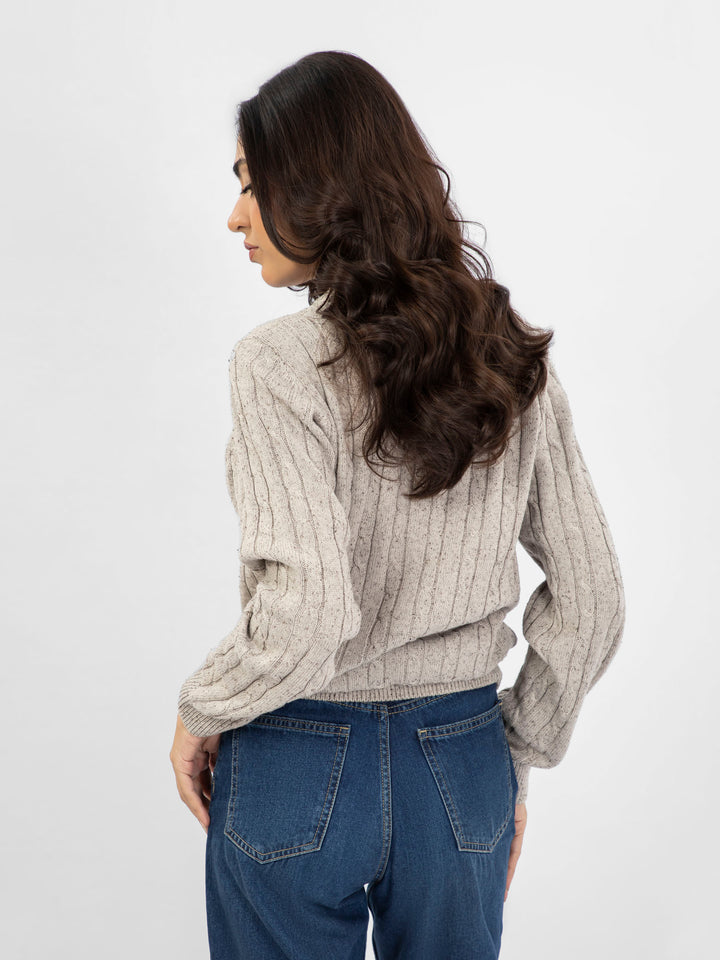 Beige Neppy Cable Knitted Crew Neck Jumper - Women