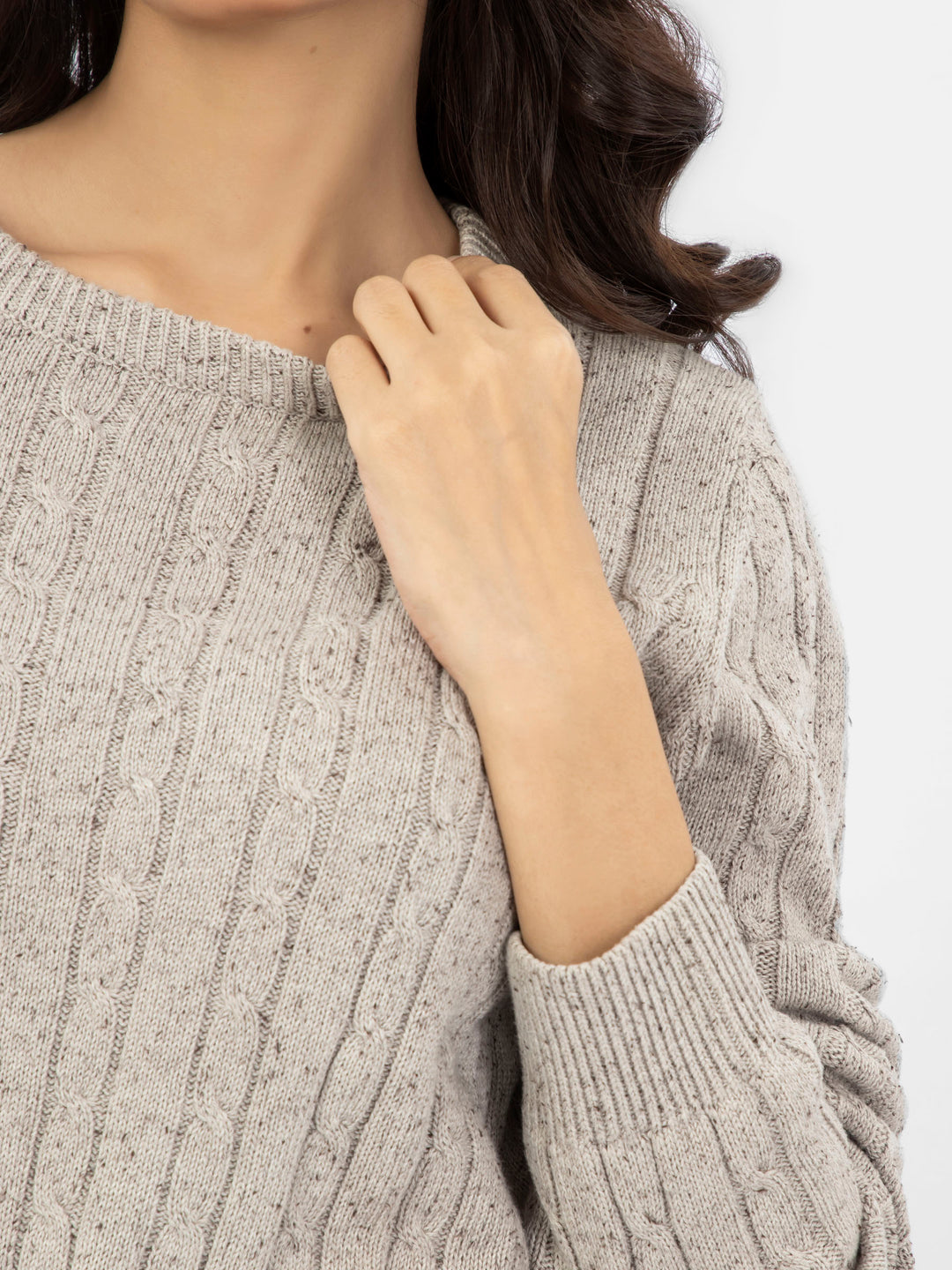 Beige Neppy Cable Knitted Crew Neck Jumper - Women