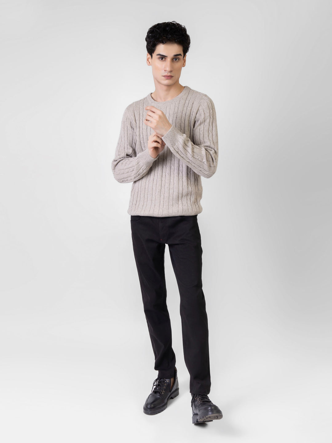 Beige Neppy Cable Knitted Crew Neck Jumper