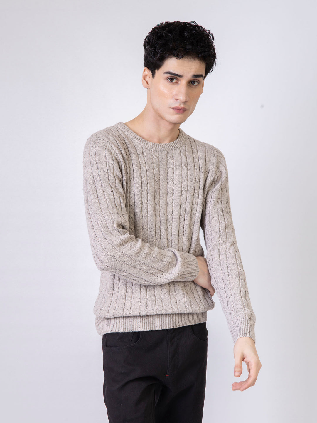 Beige Neppy Cable Knitted Crew Neck Jumper