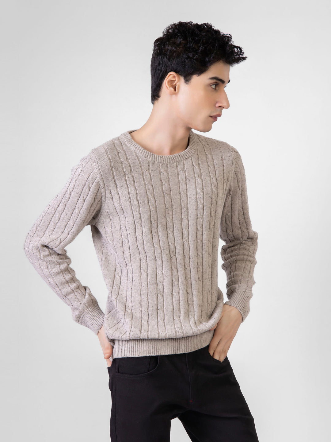 Beige Neppy Cable Knitted Crew Neck Jumper