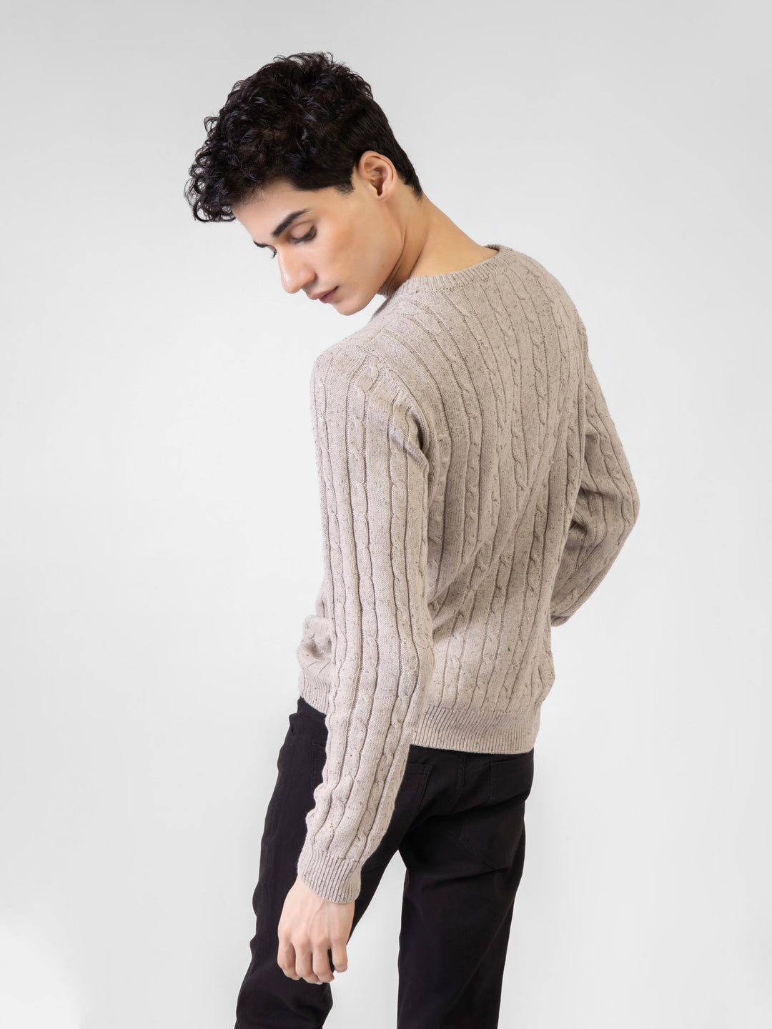 Beige Neppy Cable Knitted Crew Neck Jumper