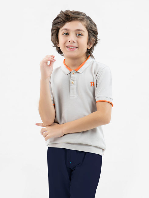 Beige Pique Polo With Orange Collar