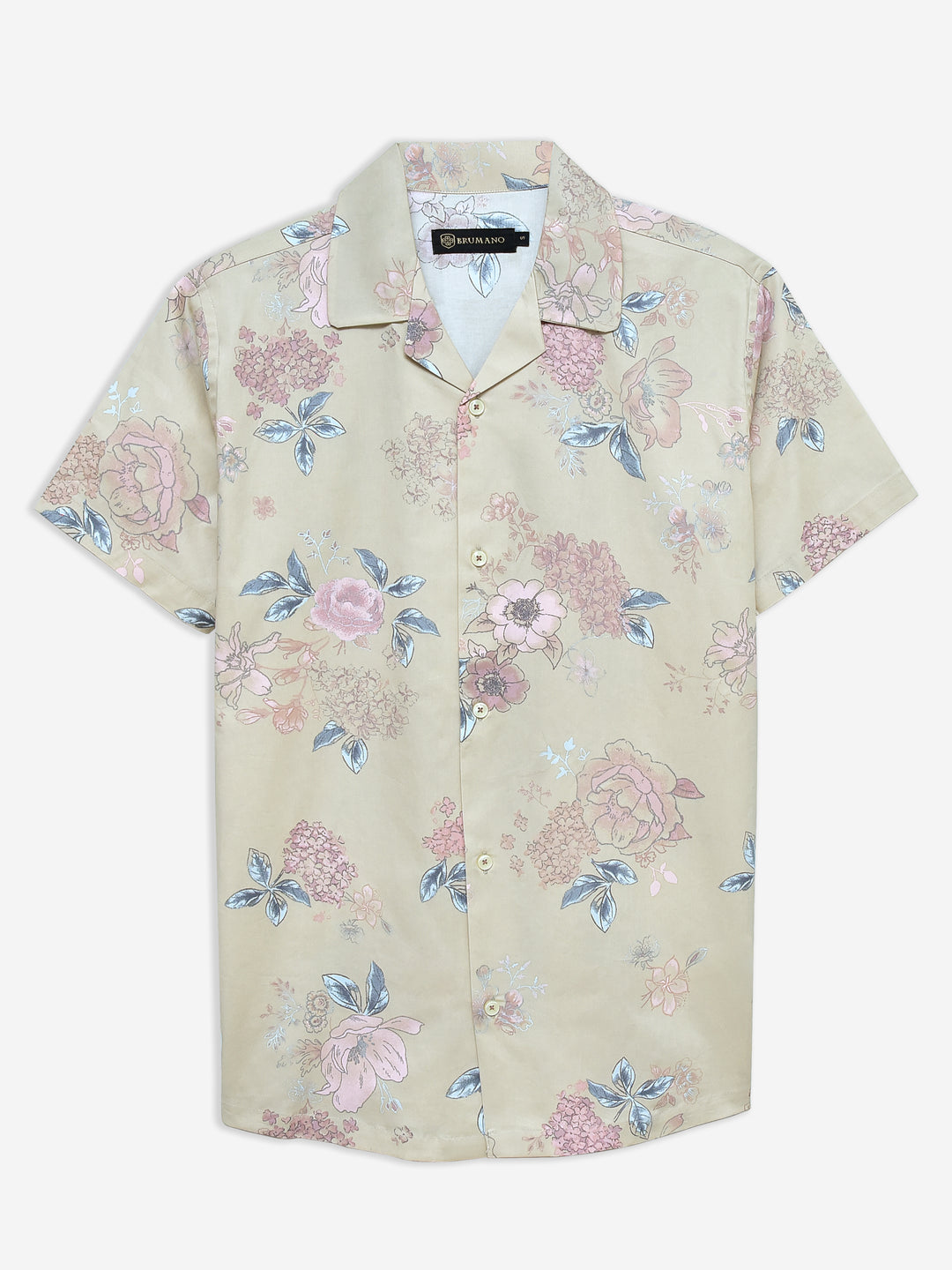 Beige Printed Floral Printed Cuban Collar Shirt