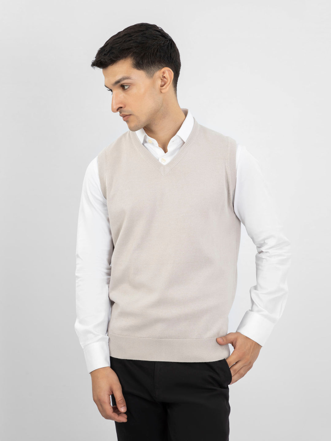 Beige Sleeveless V-Neck Sweater